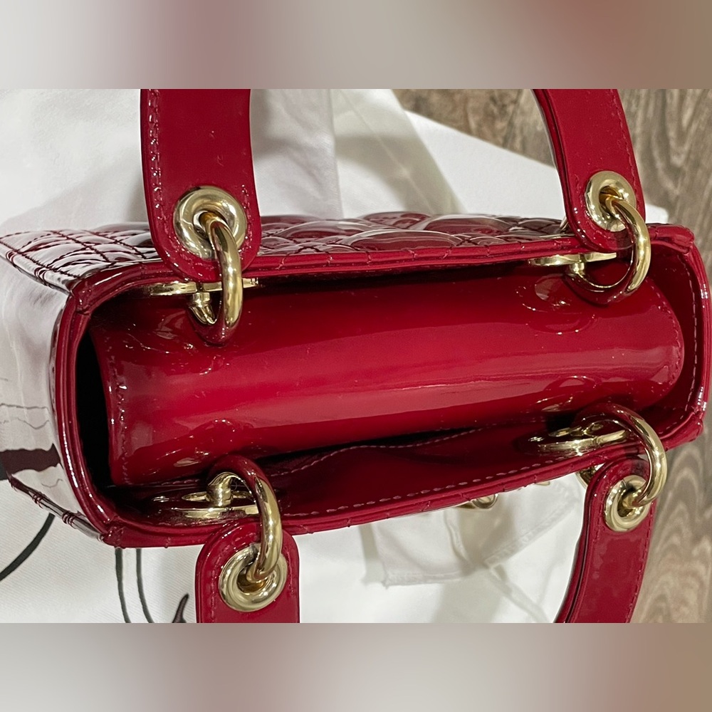 DIOR MINI LADY DIOR BAG CHERRY RED PATENT CANNAGE CALFSKIN GOLD HW PRELOVED - Picture 8 of 13